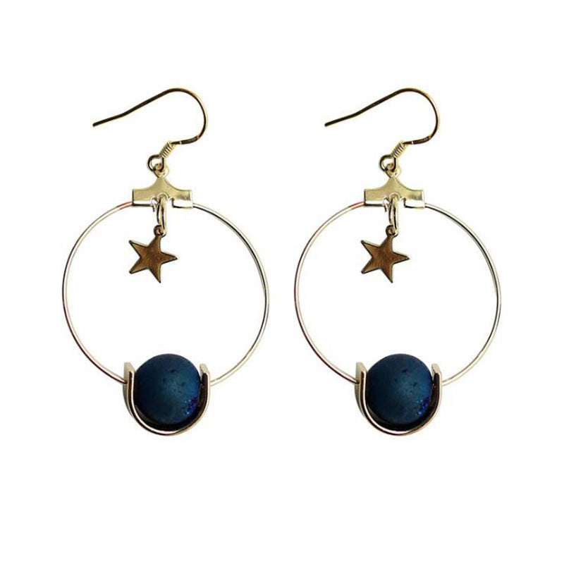 Elegant Natural Druse Round Ear hook Women's 925 Sterling Silver Drop Hanging Earrings Korean Jewelry No Ear Hole YEA208