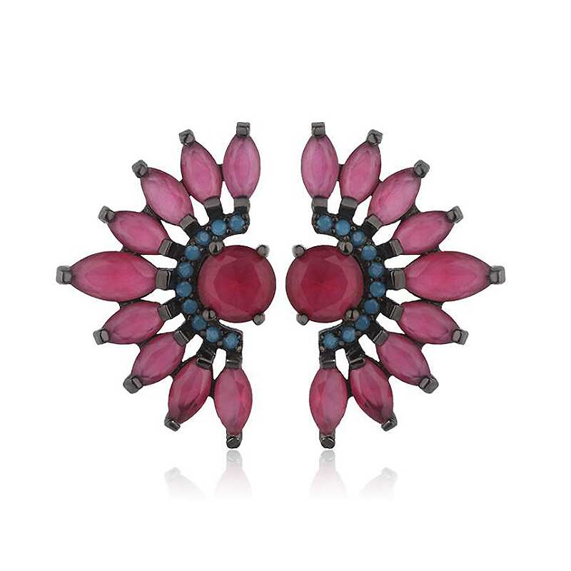 Elegant Sector Shape Red Glass Turquoise Stud Earrings for Women Bohemia Black 925 Sterling Silver Earrings 2020 YEA166