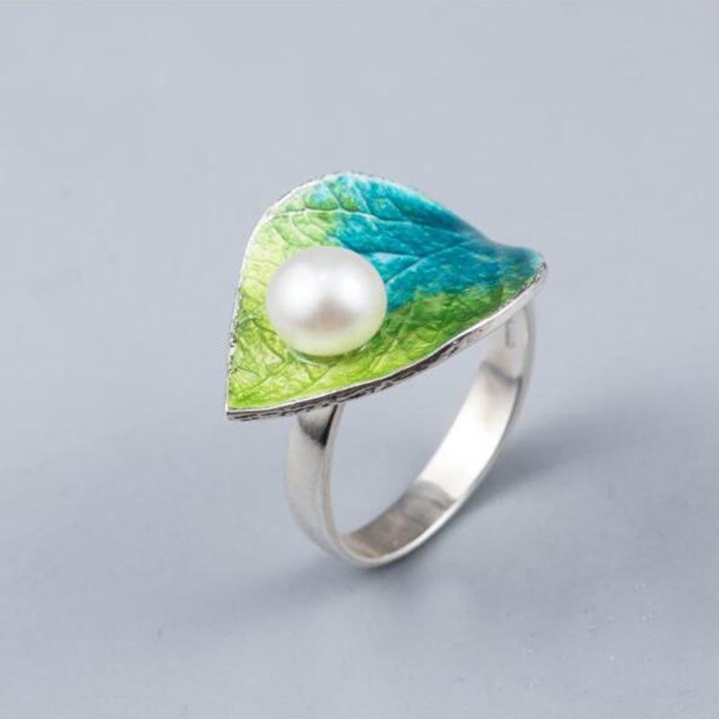 Ethnic Pearl 925 Sterling Silver Finger Ring Cloisonne Women Adjustable Rings Girl Jewelry Teacher Gift YRI017