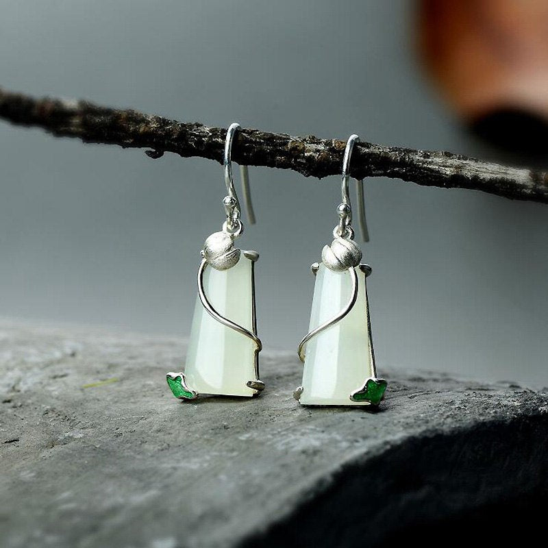 Ethnic Lotus Shape Natural Hetian Jade 925 Sterling Silver Hanging Earrings for Women Luxury Silver 925 Jewelry YEA224