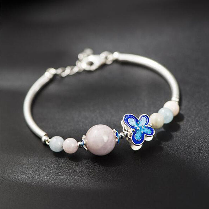 Ethnic Morganite Beads Ladies 925 Sterling Silver Bracelets Blue Butterfly Female Bracelet Fashion Jewelry Gift YBR006