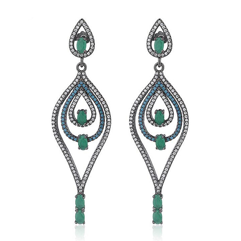 Ethnic Turquoise/Cubic Zirconia/Glass Drop Earrings for Women Black Color 925 Sterling Silver Earrings 2020 Gift YEA162