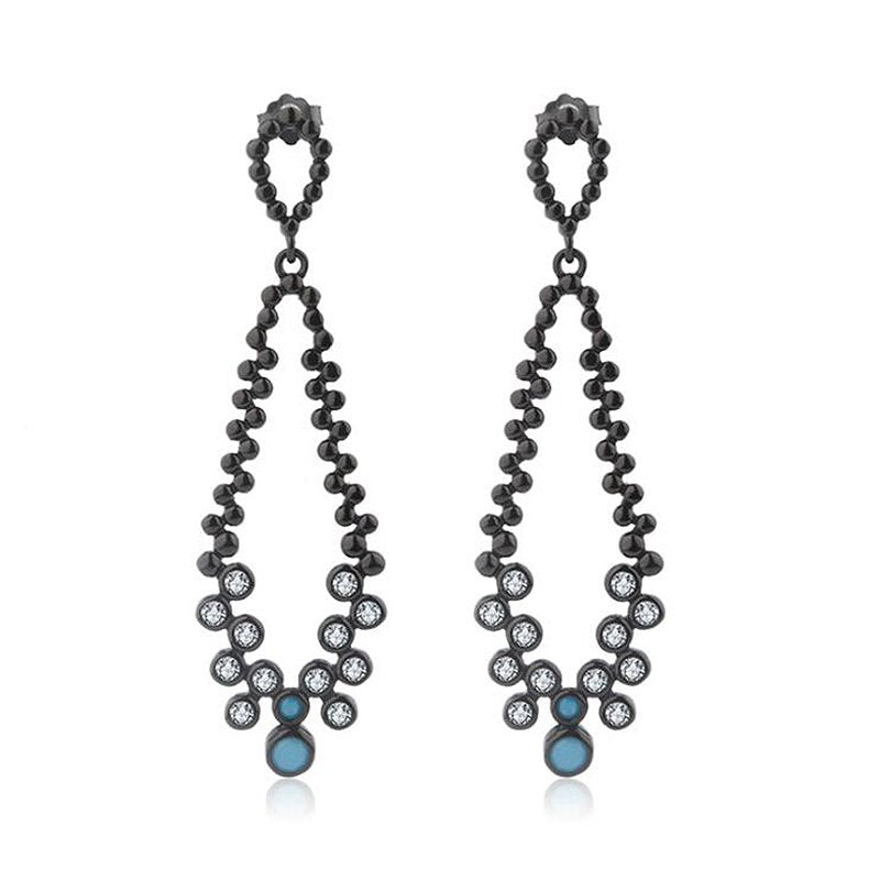 European Black 925 Sterling Silver Long Drop Earrings Turquoise Cubic Zirconia Bohemia Earrings for Women Female YEA159
