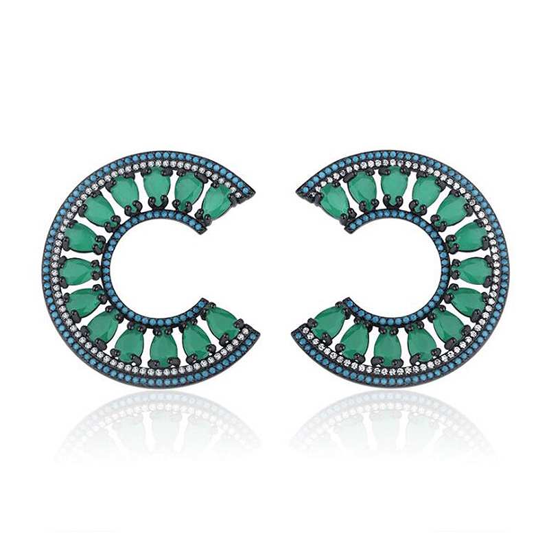 European Green Glass/Turquoise/Zirconia Stud Earrings Black Real 925 Sterling Silver Earrings with Stone Jewelry YEA168