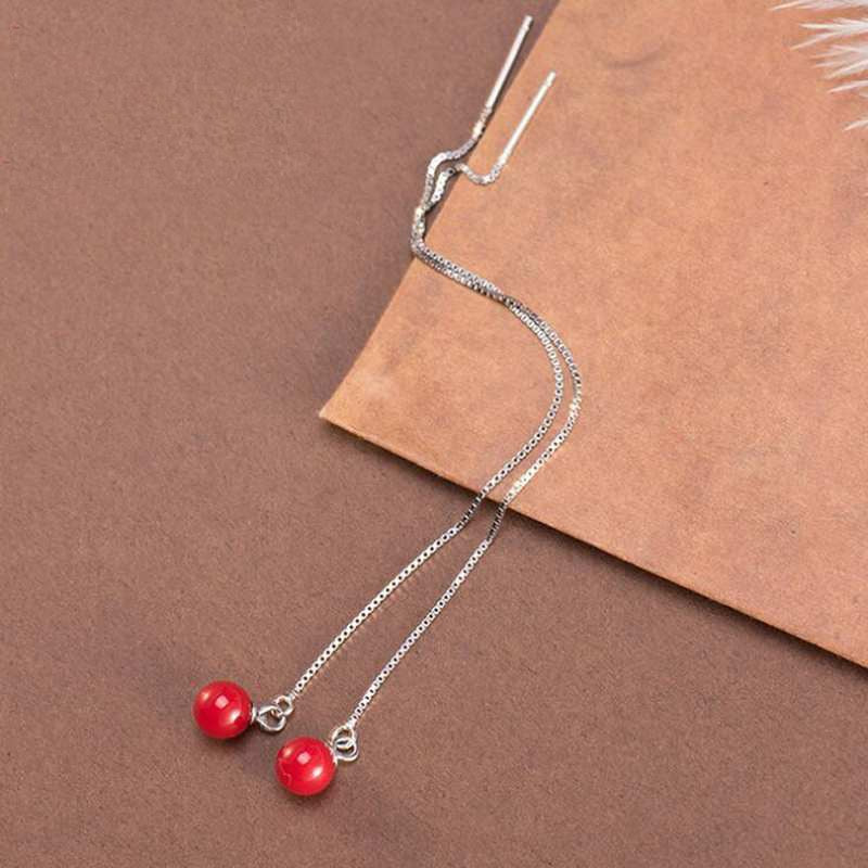 Fashion Red Color Long Line Tassel Pearl Earrings for Women 925 Sterling Silver Drop Earrings with Pearls Jewelry YEA186