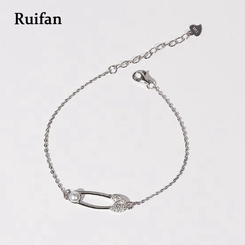 Female 925 Sterling Silver Chain Link Pearl Women Bracelet Pin Shape CZ Bracelets Fashion Jewelry   YBR024