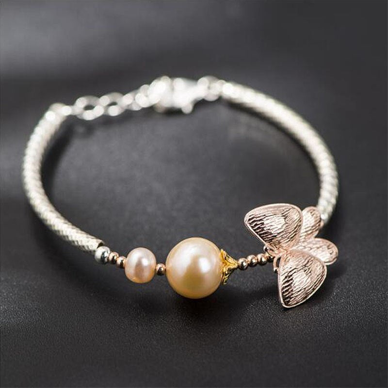 Pearls Ladies Kids 925 Sterling Silver Bracelets Rose Gold Butterfly Female Bracelet Fashion Jewelry YBR007