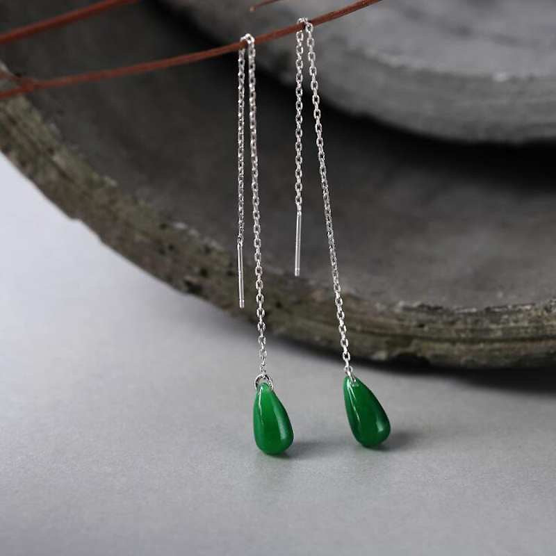 Green Teardrop Shape Jade Drop Earrings for Women 925 Sterling Silver Tassel Line Threader Earrings Minima YEA106