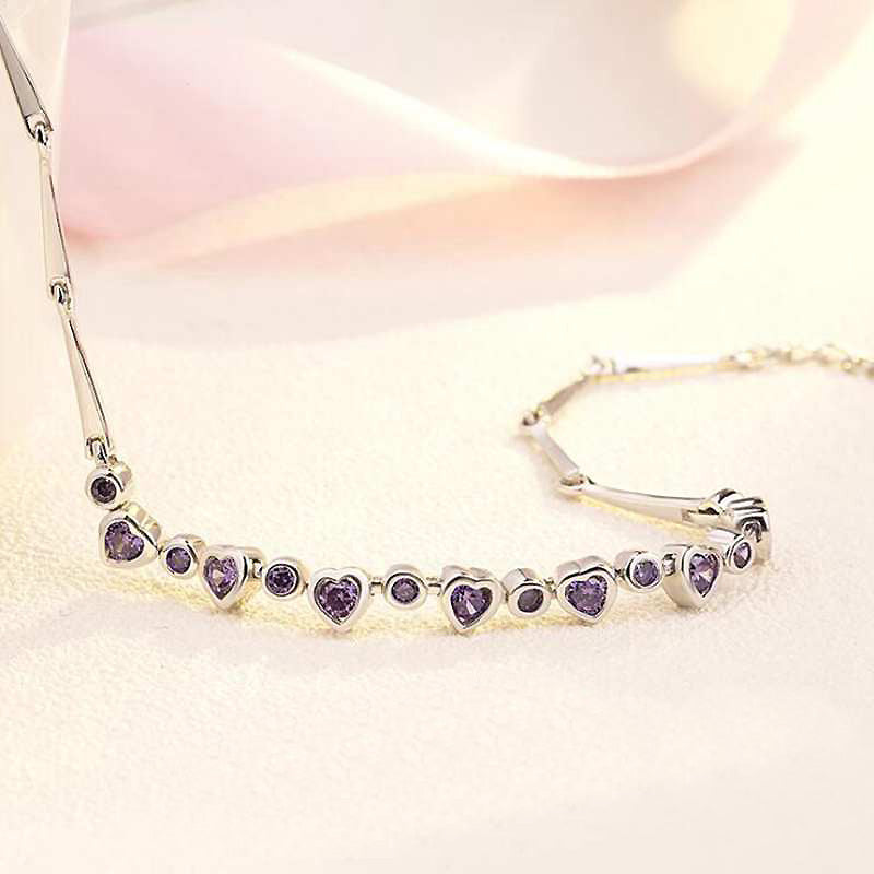 Heart Clear/Purple Cubic Zircon Amethyst Women's Bracelet 925 Sterling Silver Bracelets & Bangles Wedding Jewelry YBR087