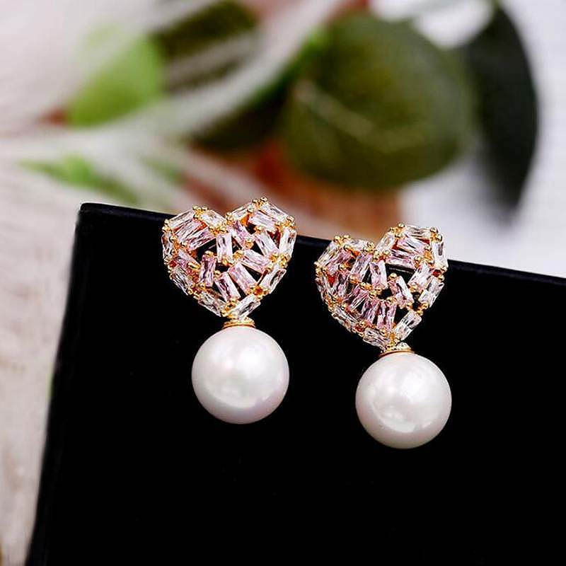 Heart Pink/Clear CZ 925 Sterling Silver Pin Stud Earrings for Women Ladies Pearl Engagement Piercing Earrings YEA079
