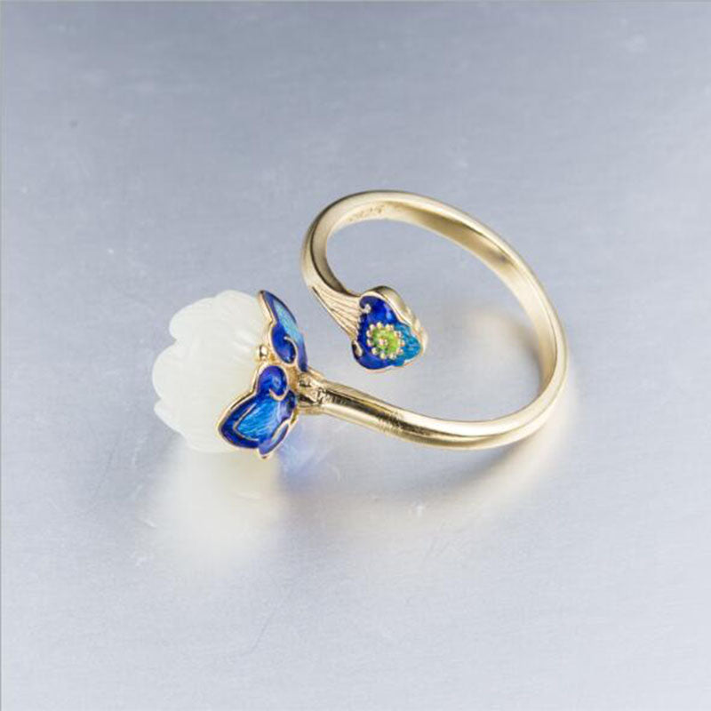 Hetian Jade 925 Sterling Silver Finger Ring Girls Summer Jewelry Cloisonne Teacher Gift Women Adjustable Rings YRI013