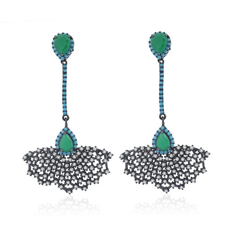 Leaf/Sector Turquoise Drop Earrings for Women Green Glass Cubic Zirconia Black 925 Silver Jewelry Party Earrings YEA172