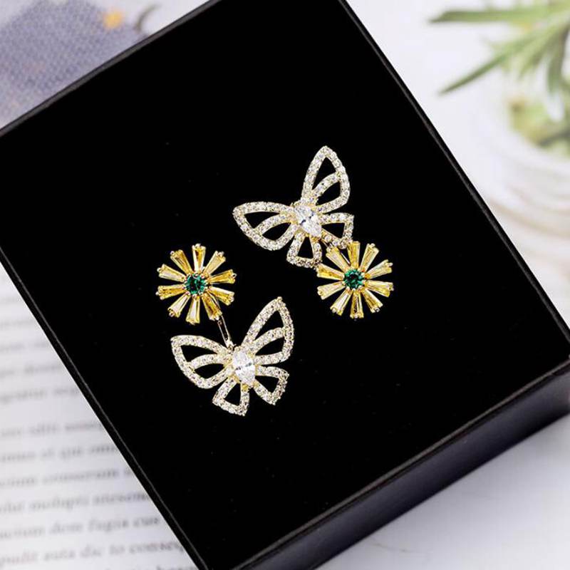 Lovely Daisy Butterfly Clear Yellow Earrings CZ 925 Sterling Silver Stud Earrings for Women Ladies Party Jewelry YEA076