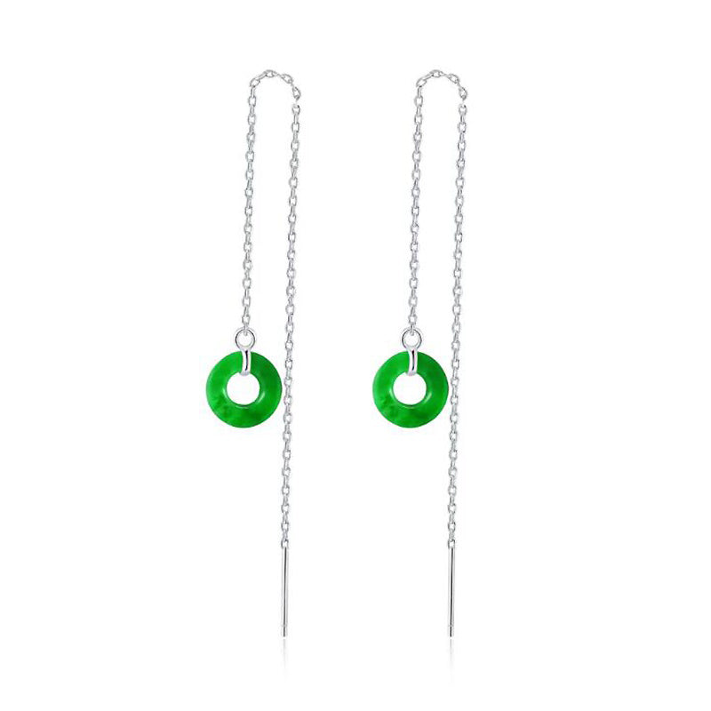 Lucky Jewelry Green Round Jade Drop Earrings for Women 925 Sterling Silver Tassel Threader Earrings Minima YEA229