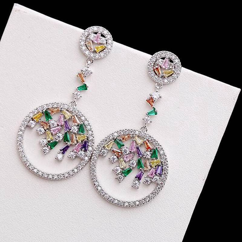 Luxury Round Colorful CZ 925 Sterling Silver Pin Long Drop Piercing Earrings for Women Ladies Girls Party Earrings YEA071