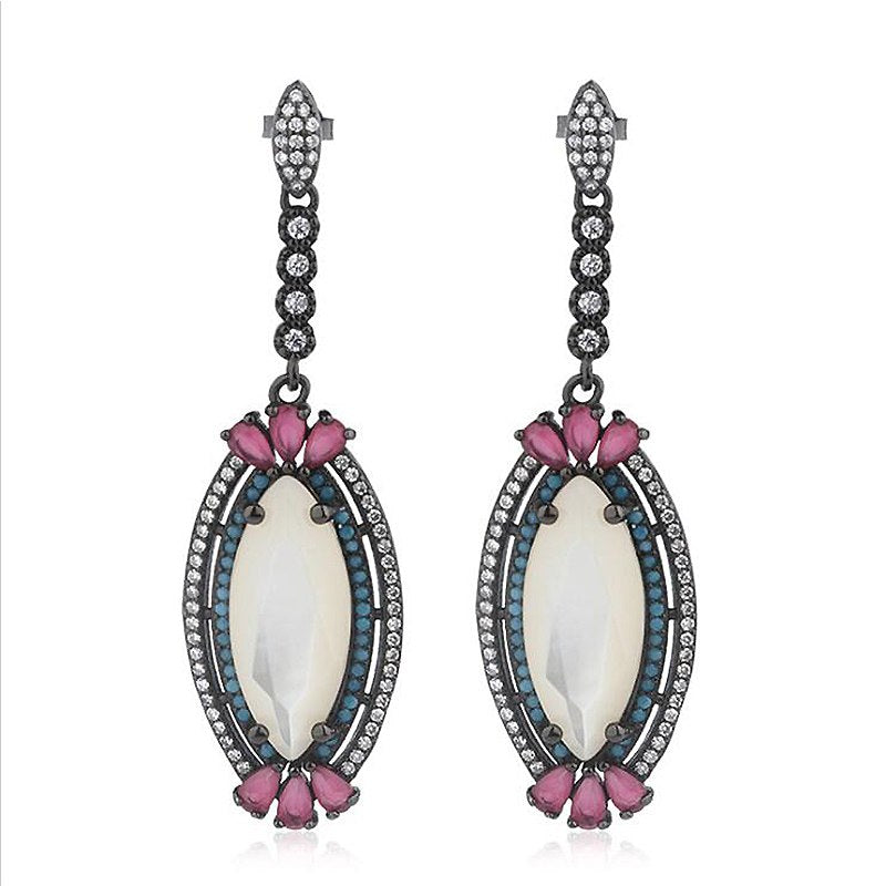 Luxury Turquoise/Cubic Zirconia/Glass Drop Earrings for Women Black 925 Sterling Silver Long Earrings Fine Jewelry YEA169