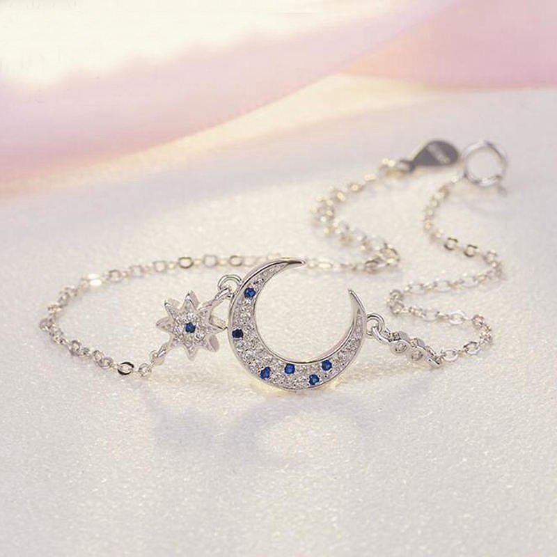 Moon and Star Blue Cubic Zircon Charm Bracelet for Women Real 925 Sterling Silver Bridal Wedding Bracelets Jewelry YBR029