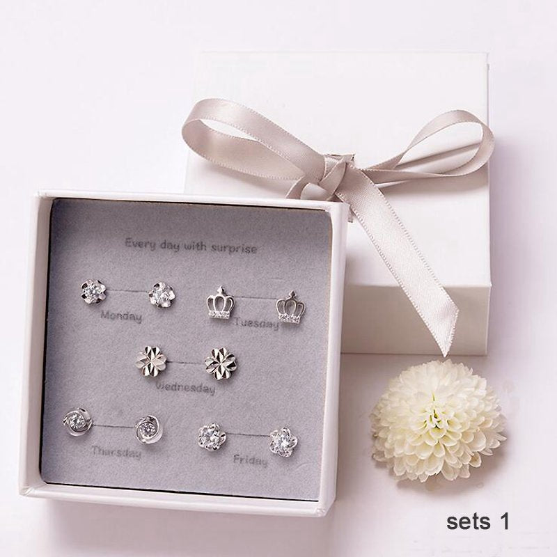 One Week 5 pairs/set Small Stud Earrings Set with Box 2020 Women's Earring 925 Sterling Silver Earrings with Stone YJS004