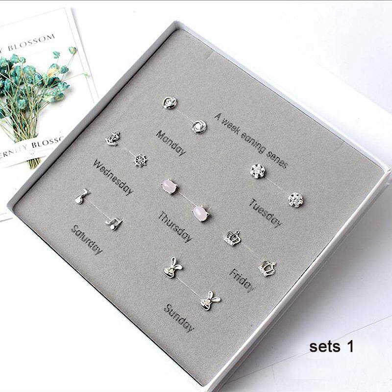 One Week 7 pairs/set Small Stud Earrings Set with Box 2020 Women's Earring 925 Sterling Silver Earrings with Stone YJS005