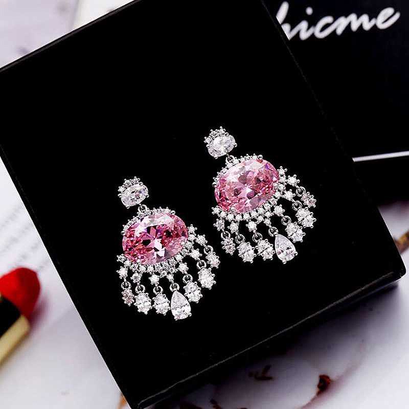 Pink Clear CZ Chandelier Tassel Ladies 925 Sterling Silver Pin Drop Earrings Bohemian Piercing Earrings for Women YEA062