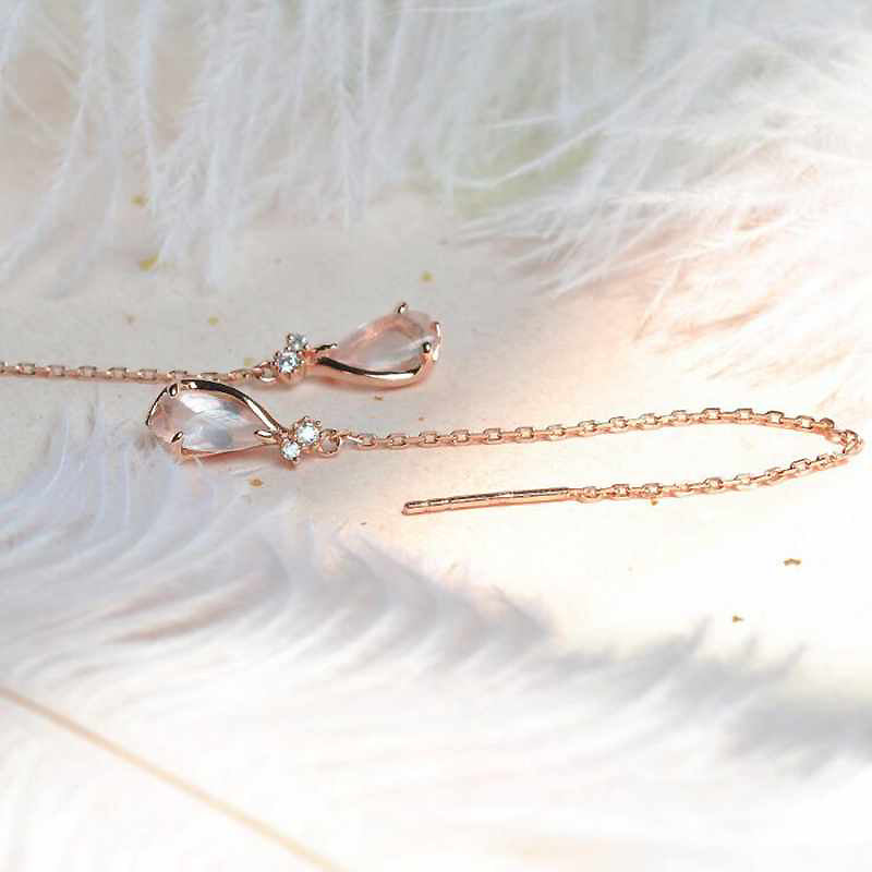 Pink Natural Rose Quartz Long 925 Sterling Silver Fashion Woman Earrings Line Rose Gold Drop Earrings with Stones YEA087