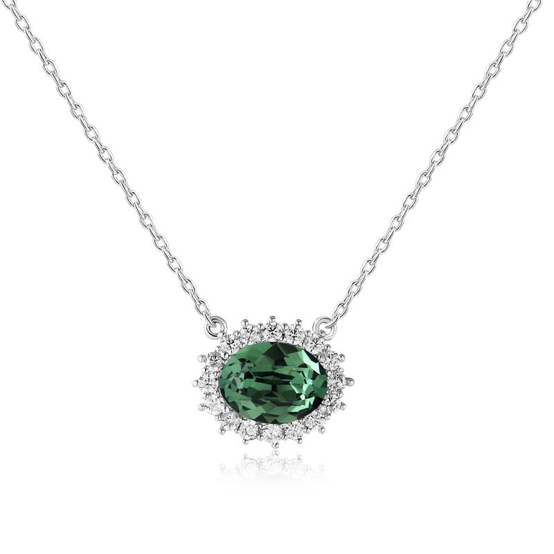 Real 925 Sterling Silver Green Crystal Rhinestone Pendant Necklaces for Women Fine Jewelry Female Wedding Gift YNC025