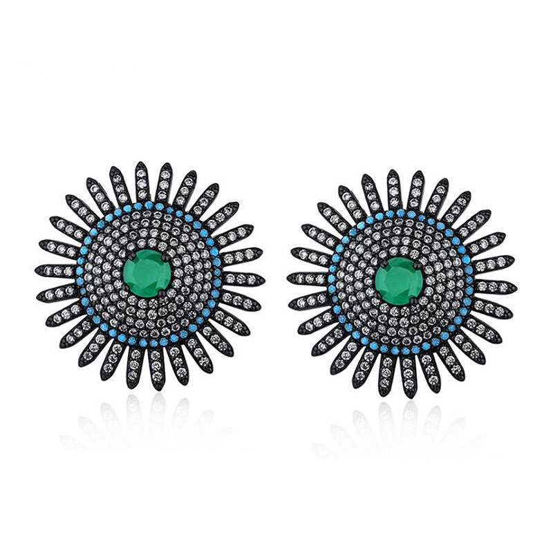 Romantic Sun Flower Shape Zirconia Turquoise Women's Stud Earrings Bohemia Black 925 Sterling Silver Party Jewelry YEA174
