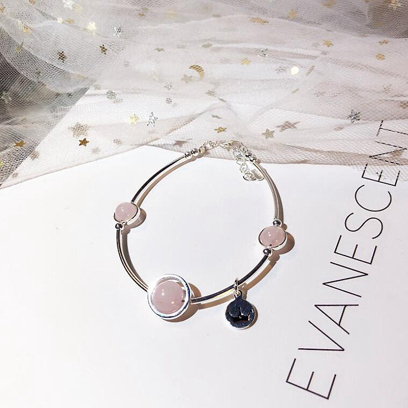 Round 100% Natural Pink Rose Quartz 925 Sterling Silver Bracelets for Women Ladies Lucky Charm Bracelet Femme Gift YBR034