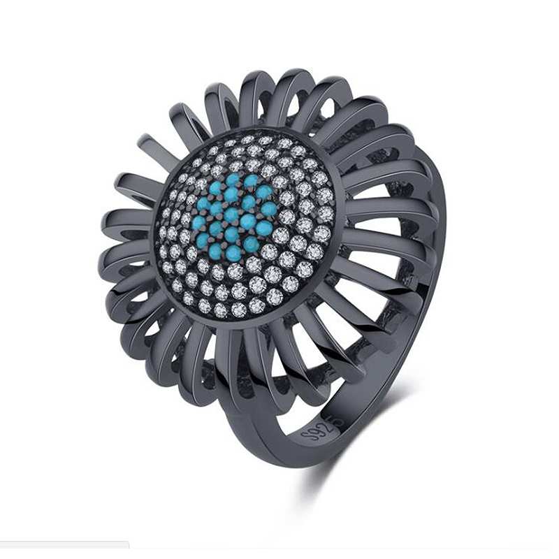 Round/Flower Luxury Turquoise Cubic Zirconia Ring for Women Black Color Real Silver 925 Personalized Rings Jewelry YRI115
