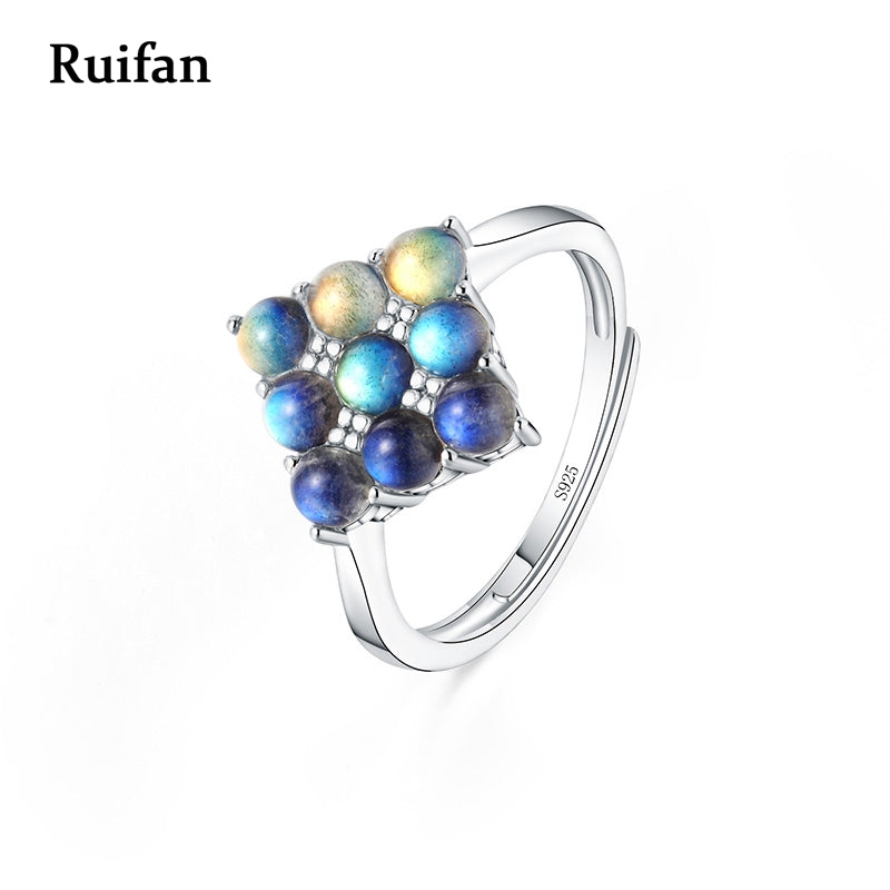Silver 925 Ring Square 9 Pieces Round Natural Moonstones Rings Gemstone Labradorite Ring Accessories Women Test YRI035