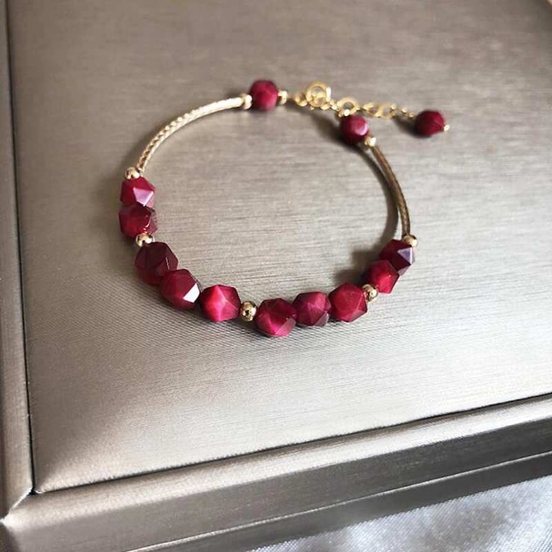 Sweet Rose Red Natural Stone Tiger's Eye Bracelet Ladies Gold Color 100% 925 Sterling Silver Bracelets for Women YBR070