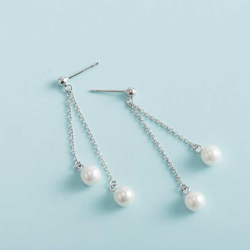 Tassel Two Pearls Pendant Earrings for Women 925 Sterling Silver Drop Earrings with Pearls Engagement Jewelry YEA175