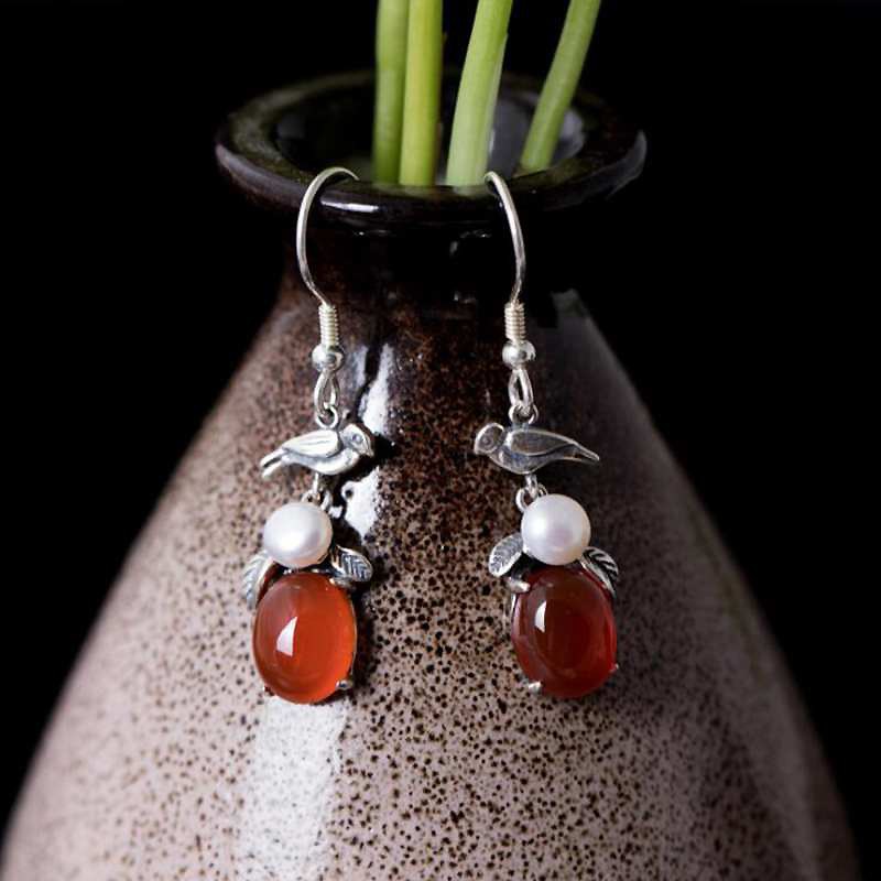 Vintage Bird/Leaves Red Agate Drop Earrings for Women Pearl Hanging Earrings 100% Silver 925 Jewelry YEA098