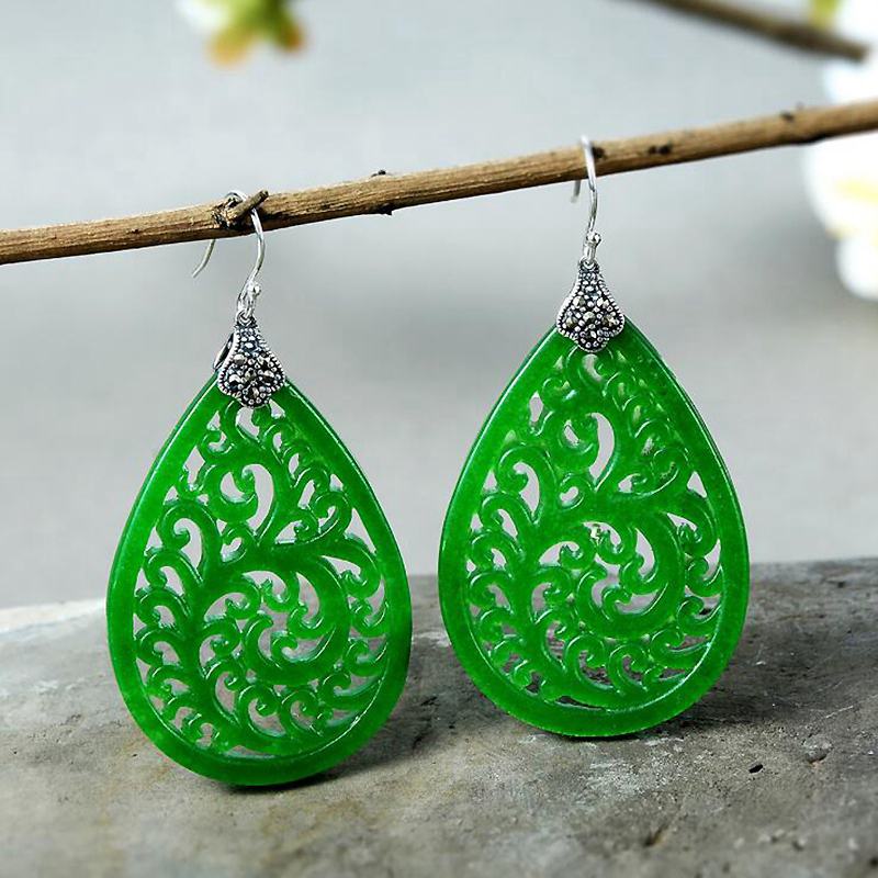 Vintage Hollow Green Jade Earrings for Women 925 Sterling Silver Big Drop Hanging Earrings Silver 925 Jewelry Gift YEA230