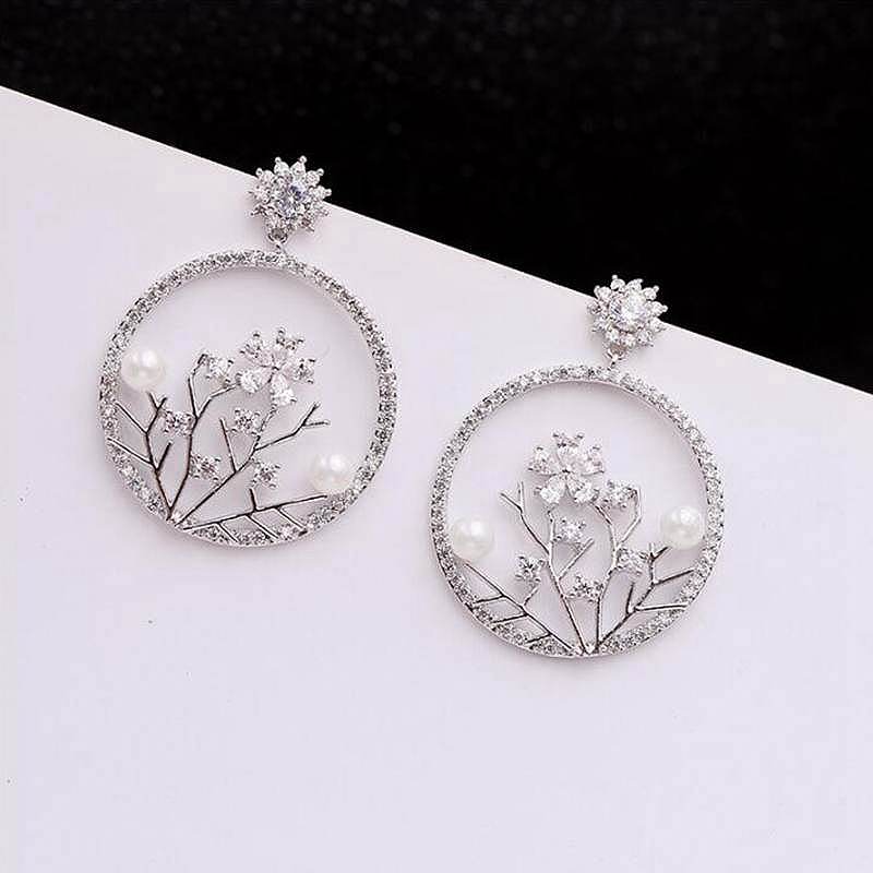 Vintage Round Gold/Silver CZ 925 Sterling Silver Pin Drop Piercing Earrings for Women Ladies Party Pearl Earrings YEA072