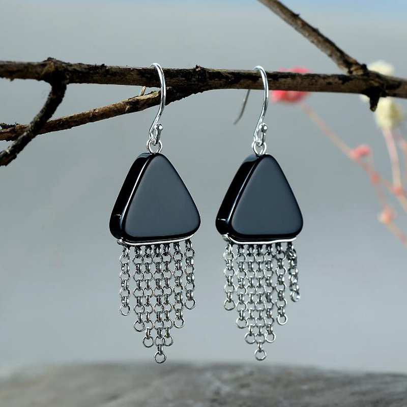 Vintage Triangle Black Agate Hanging Earrings for Women 100% 925 Sterling Silver Tassel Earrings Stones Piercing YEA103