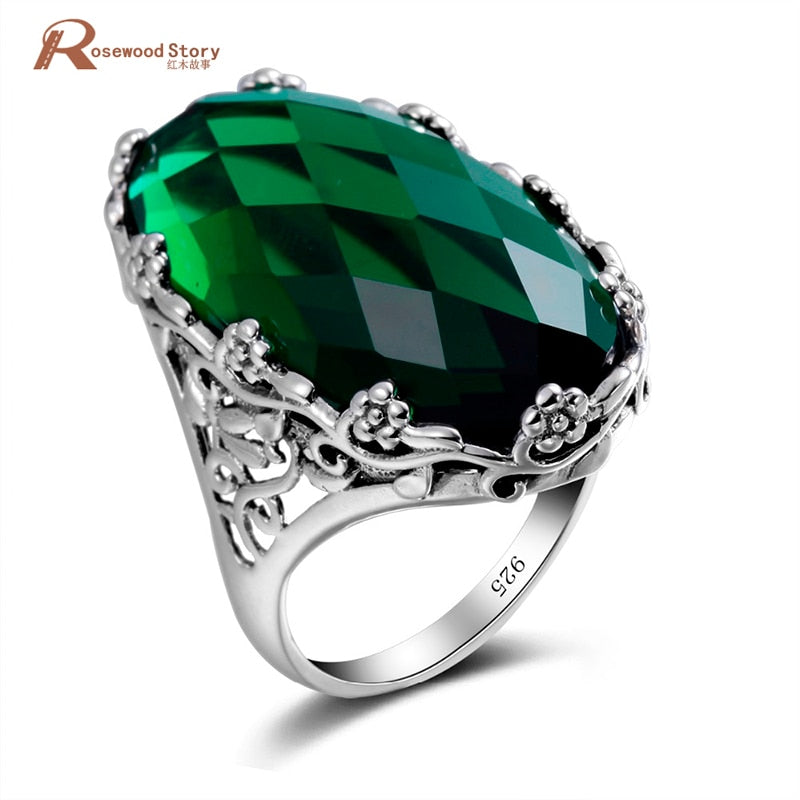 Russian Green Stone Crystal Ring Big Stone Flower Pattern Pure 925 Solid Sterling Silver Ring For Woman Classic Vintage Jewelry