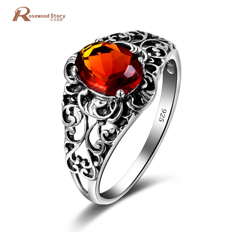 Rustic Wedding Magic Ring Handmade Brown Stone 925 Sterling Silver Amber Rings for Women Vintage Co Jewelry Spinner Finger