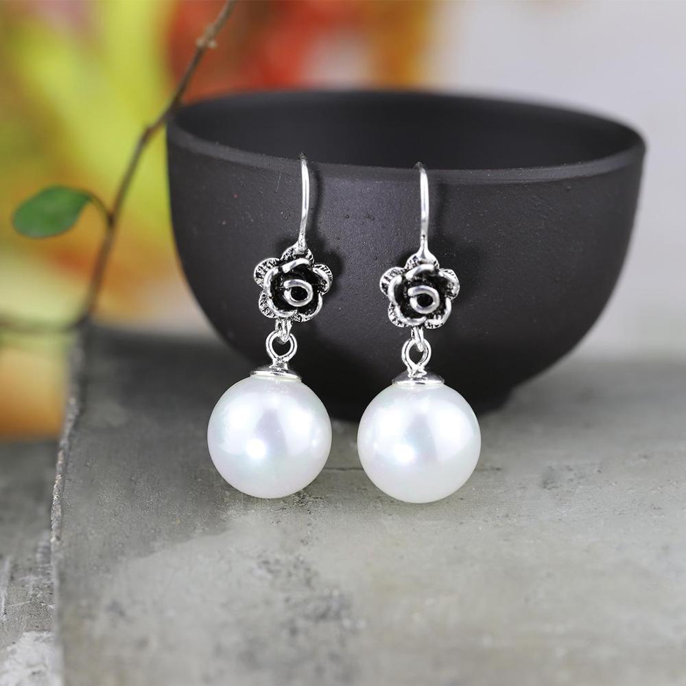 S925 Drop Earrings Shell Pearls 925 Sterling Silver Jewelry Vintage Women's Red Garnet Chalcedony Strawberry Earring Hand Made