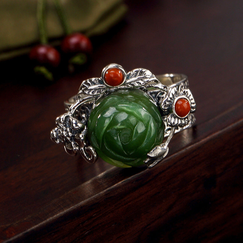 S925 Pure Silver Inlaid Hetian Jade Jade South Red Peony Restoring Ancient Ways Ring Ring Wholesale Female Openings
