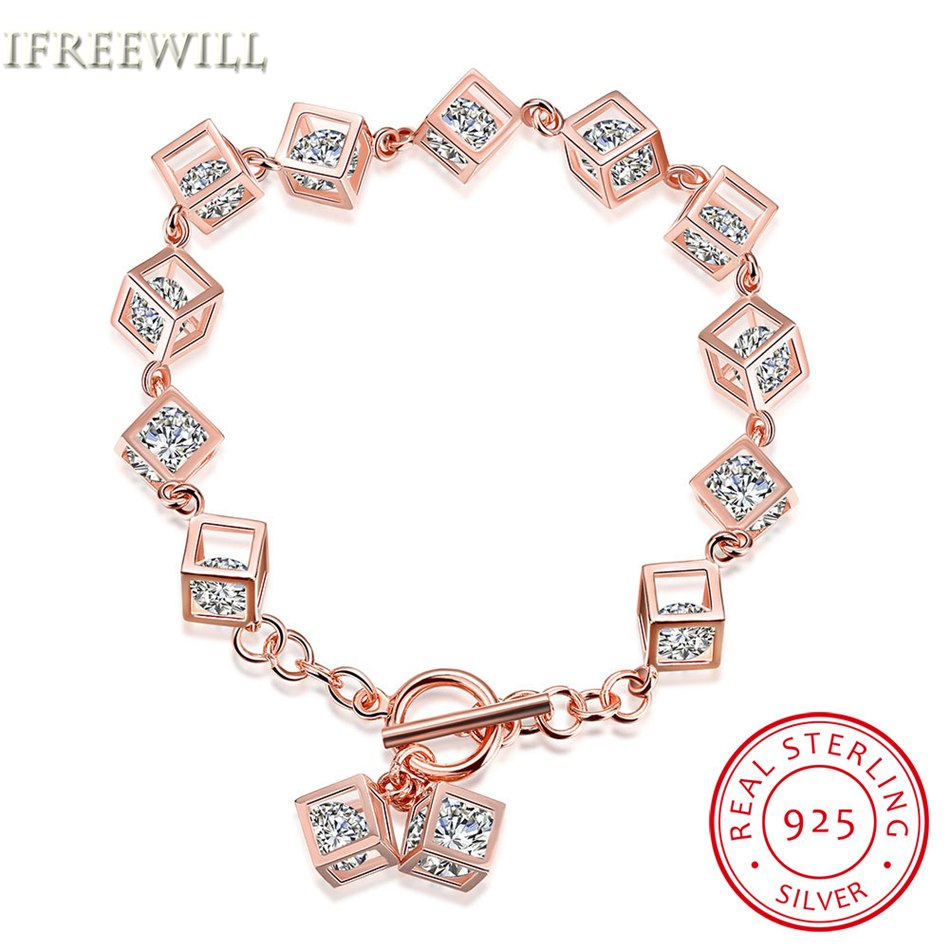 S925 Silver Bracelet for woman romantic square link chain European Fashion Zircon Hand Decorate fine jewelry