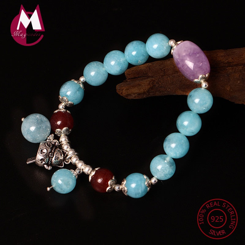 S925 Sterling Silver Bracelet For Women Natural Gem Stone DIY Beads Bracelets & Bangles Elastic Lucky Cat Tassel Jewelry YB36