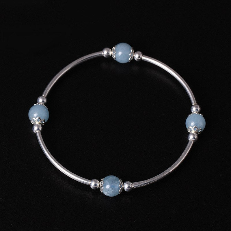 S925 Sterling Silver Bracelet for Women Strawberry Quartz Aquamarine Beads Bangles Romantic Handmade Vintage Decoration Jewelry