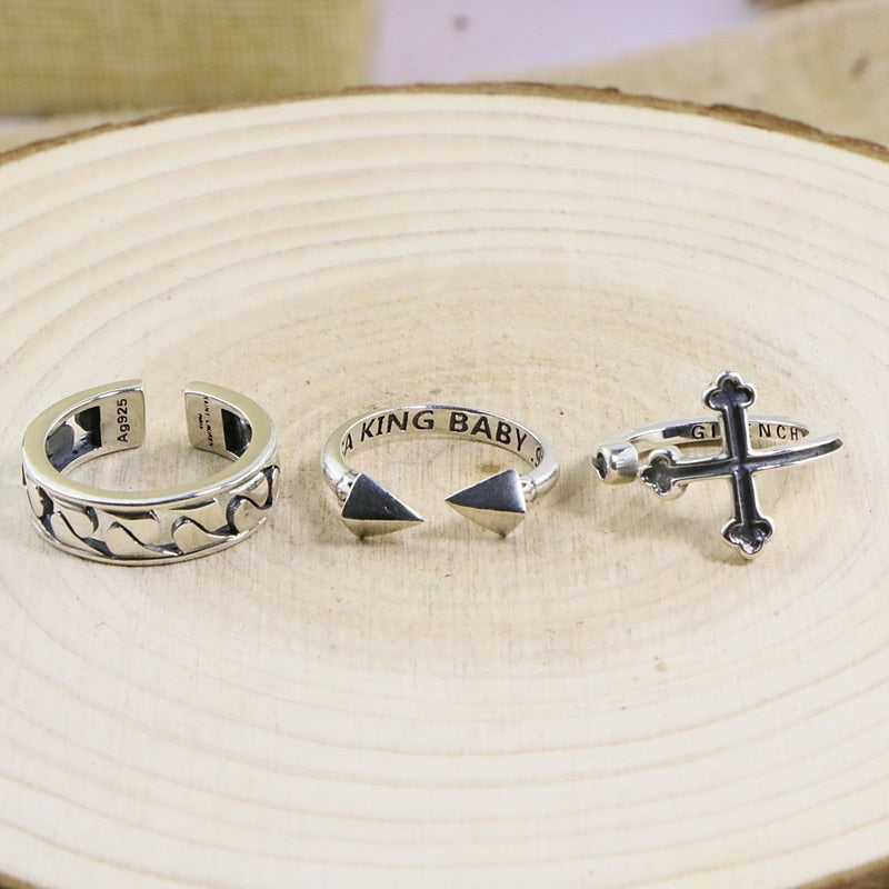 S925 Sterling Silver Double Willow Ring Female Open Ended Fashion Personality Retro Thai Silver Vintage Simple Cross Men