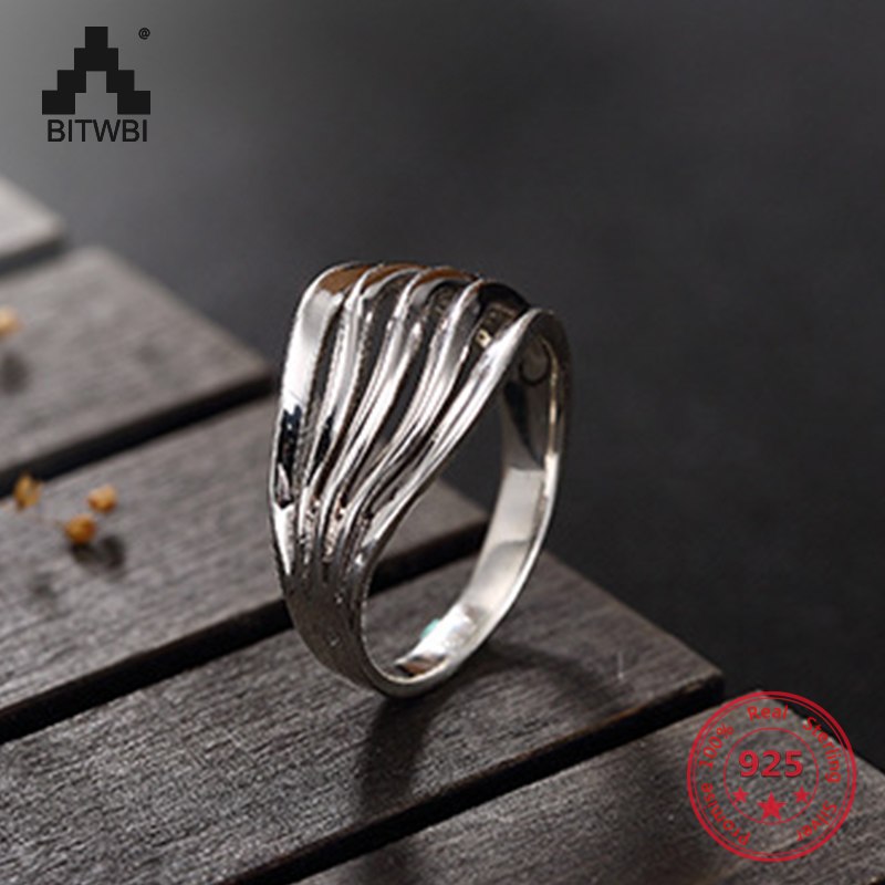 S925 Sterling Silver Fashion Women Ring Wave Stripes Hollow Thai Silver RetroPersonalized Simple Ladies Ring Jewelry