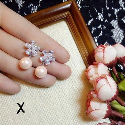 S925 Sterling Silver Fine Jewelry Earrings Light Orange Vintage Pink Pearls Long Crystal Flower Cubic Zirconia Aretes