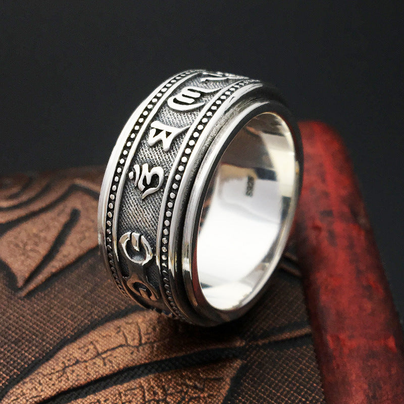 S925 Sterling Silver Handicraft Retro Thai Silver Ring Six Words Scripture Rotate Men Ring