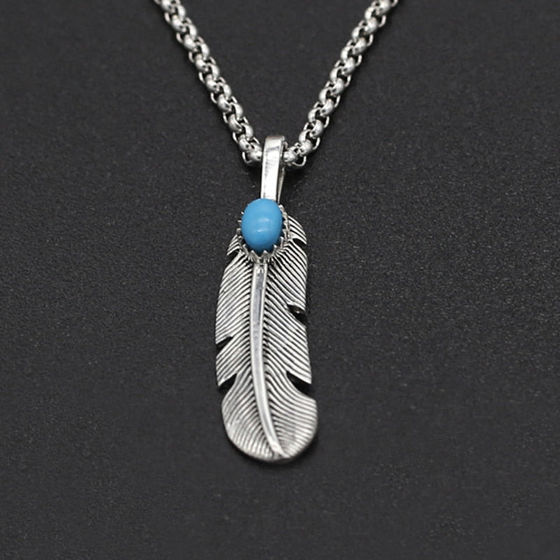 S925 Sterling Silver Jewelry Retro Thai Silver Men and Women Handmade Blue Turquoise Thick Eagle Feather Pendant