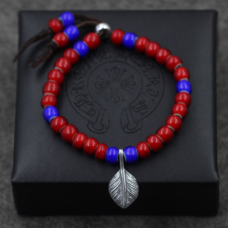 S925 Sterling Silver Jewelry Wholesale Glass Beads Deerskin String Feather Pendant Takahashi Goro Men And Women Bracelet