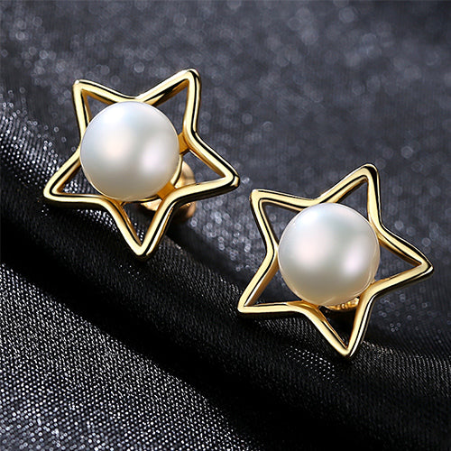 S925 Sterling Silver Natural Freshwate Pearl Stud Earrings 7-7.5mm Gold Star Korean Jewelry Wholesale Gift Dropshipping